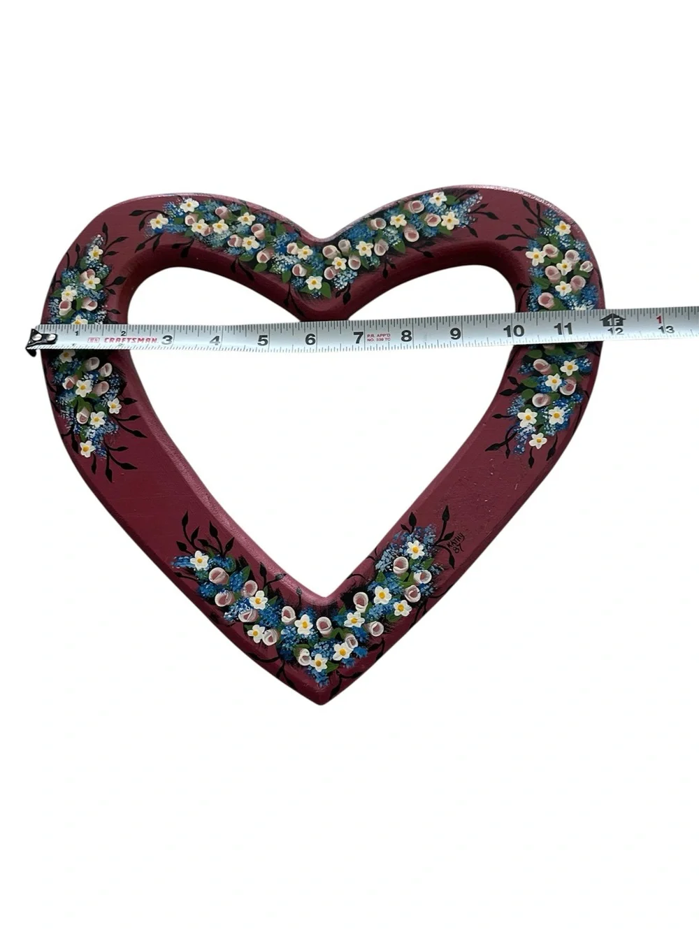 Vintage Maroon‎ Heart Shaped Decoration With White flowers Wooden hand painted